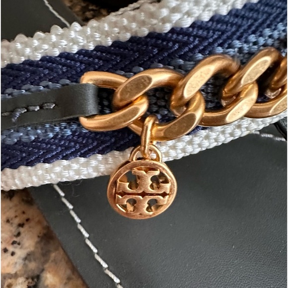 Tory Burch Mini Benton Gold Chain Band Sandal Poblano Green Blue Yonder - Picture 5 of 9